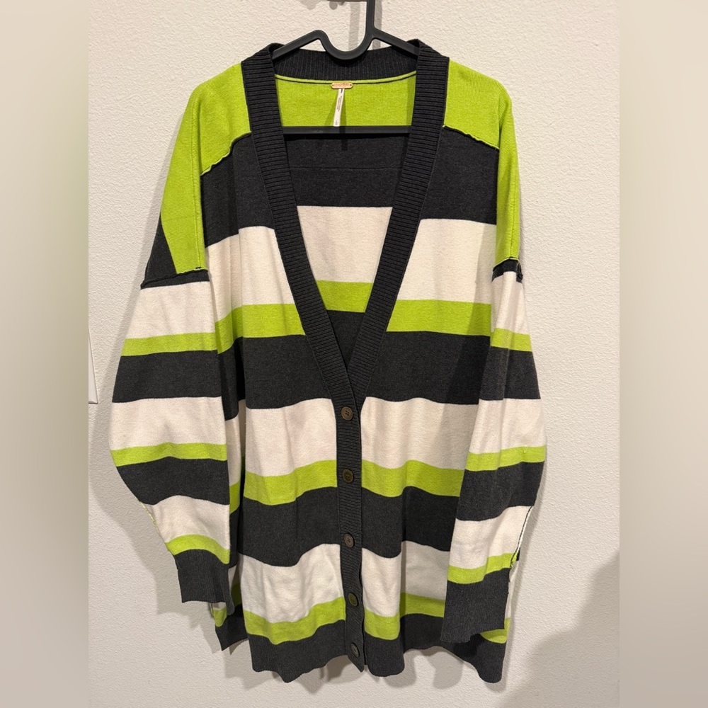 Free People Striped Cardigan in Black, Green, and White - Picture 2 of 5